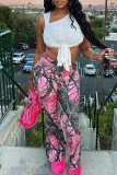 Pink Casual Print Buttons Patchwork Zipper Boot Cut Mid Waist Speaker Full Print Bottoms