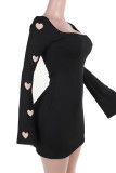Black Sexy Solid Color Hollow Out Patchwork Backless Strap Design Square Neck A Line Dresses