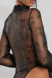 Black Sexy Patchwork See-Through Contrast Turtleneck Skinny Bodysuits