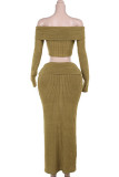 Army Green Sexy Solid Color Patchwork Backless Off Shoulder Long Sleeve Two Pieces
