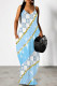 Blue Sexy Letter Print Pocket Contrast V Neck Printed Dresses