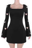 Black Sexy Solid Color Hollow Out Patchwork Backless Strap Design Square Neck A Line Dresses