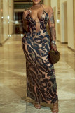 Leopard Print Sexy Leopard Print Hollow Out Patchwork Backless Strap Design Halter Long Dresses