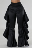 Red Casual Solid Color Stringy Selvedge Regular High Waist Wide Leg Patchwork Trousers