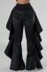 Black Casual Solid Color Stringy Selvedge Regular High Waist Wide Leg Patchwork Trousers