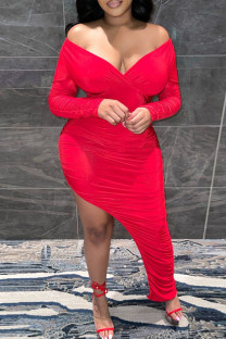 Red Sexy Solid Color Patchwork Ruched Off Shoulder Wrapped Skirt Dresses
