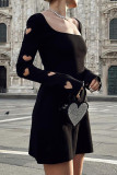 Black Sexy Solid Color Hollow Out Patchwork Backless Strap Design Square Neck A Line Dresses