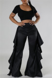 Red Casual Solid Color Stringy Selvedge Regular High Waist Wide Leg Patchwork Trousers