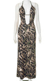 Leopard Print Sexy Leopard Print Hollow Out Patchwork Backless Strap Design Halter Long Dresses