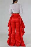 Red Casual Solid Color Stringy Selvedge Regular High Waist Wide Leg Patchwork Trousers