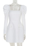 White Elegant Solid Color Patchwork Zipper Square Neck Long Sleeve Dresses