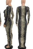 Black Elegant Print Patchwork Ruffled Trim V Neck Long Dresses