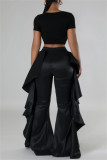 Red Casual Solid Color Stringy Selvedge Regular High Waist Wide Leg Patchwork Trousers