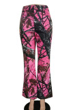 Pink Casual Print Buttons Patchwork Zipper Boot Cut Mid Waist Speaker Full Print Bottoms