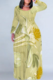 Light Blue Casual Floral Print Pocket Contrast O Neck Printed Plus Size Dresses