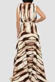 Coffee Elegant Print Patchwork High Slit Strap Design Deep V Neck Long Dresses