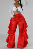 Red Casual Solid Color Stringy Selvedge Regular High Waist Wide Leg Patchwork Trousers
