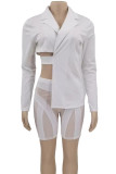 White Sexy Solid Color Hollow Out Patchwork See-Through Strap Design Turn-back Collar Long Sleeve Two Pieces