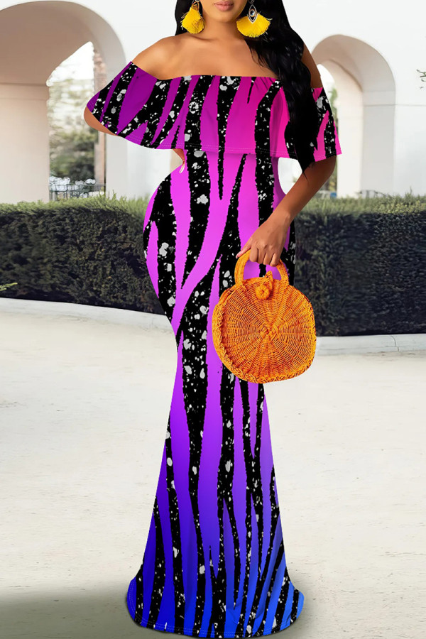 Purplish Blue Elegant Print Patchwork Backless Off Shoulder Long Dresses
