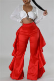 Red Casual Solid Color Stringy Selvedge Regular High Waist Wide Leg Patchwork Trousers