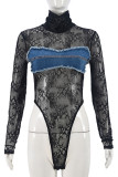 Black Sexy Patchwork See-Through Contrast Turtleneck Skinny Bodysuits