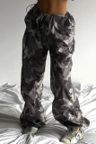 Grey Casual Camouflage Print Draw String Patchwork Loose Mid Waist Wide Leg Full Print Bottoms