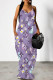 White Purple Sexy Letter Print Pocket Contrast V Neck Printed Dresses