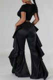 Red Casual Solid Color Stringy Selvedge Regular High Waist Wide Leg Patchwork Trousers
