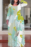 Light Blue Casual Floral Print Pocket Contrast O Neck Printed Plus Size Dresses