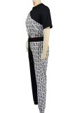 Coffee Casual Print Draw String Pocket Patchwork O Neck Short Sleeve Two Pieces