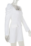 White Elegant Solid Color Patchwork Zipper Square Neck Long Sleeve Dresses