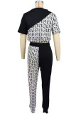 Coffee Casual Print Draw String Pocket Patchwork O Neck Short Sleeve Two Pieces
