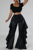 Red Casual Solid Color Stringy Selvedge Regular High Waist Wide Leg Patchwork Trousers