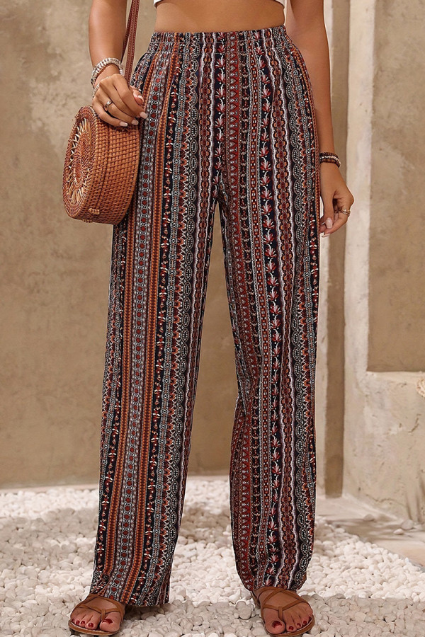 Red Casual Print Patchwork Loose Mid Waist Wide Leg Full Print Bottoms
