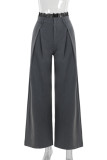 Grey Casual Solid Color Lace Patchwork Loose Mid Waist Wide Leg Patchwork Bottoms
