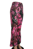 Pink Casual Print Buttons Patchwork Zipper Boot Cut Mid Waist Speaker Full Print Bottoms