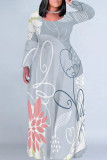 Light Blue Casual Floral Print Pocket Contrast O Neck Printed Plus Size Dresses