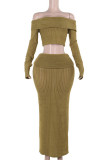 Army Green Sexy Solid Color Patchwork Backless Off Shoulder Long Sleeve Two Pieces