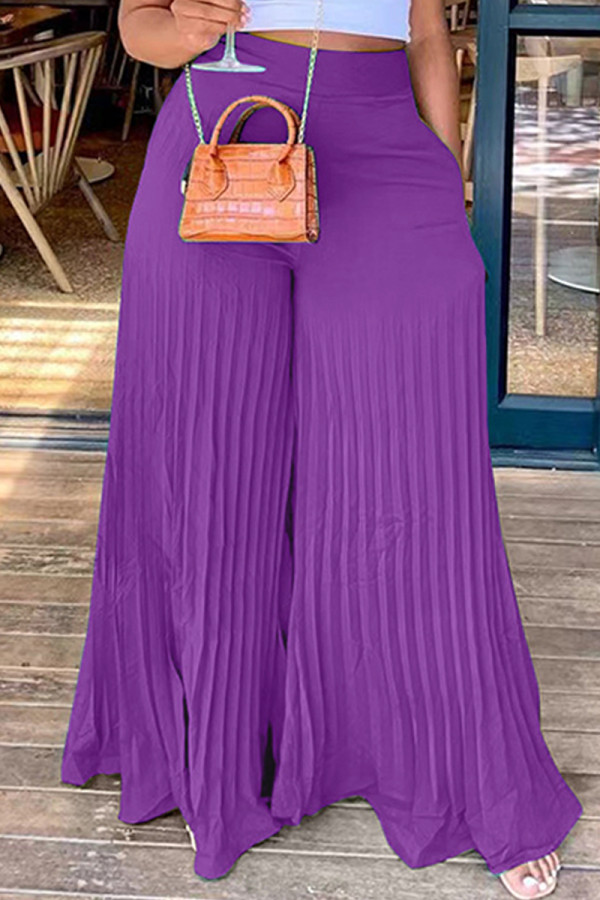 Purple Fashion Casual Solid Fold Regular High Waist Wide Leg Trousers