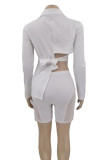 White Sexy Solid Color Hollow Out Patchwork See-Through Strap Design Turn-back Collar Long Sleeve Two Pieces
