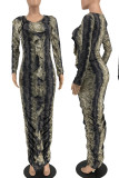 Black Elegant Print Patchwork Ruffled Trim V Neck Long Dresses