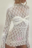 White Sexy Solid Color Patchwork Ruched Half A Turtleneck Wrapped Skirt Dresses