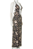 Leopard Print Sexy Leopard Print Hollow Out Patchwork Backless Strap Design Halter Long Dresses
