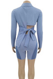 White Sexy Solid Color Hollow Out Patchwork See-Through Strap Design Turn-back Collar Long Sleeve Two Pieces