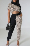 Coffee Casual Print Draw String Pocket Patchwork O Neck Short Sleeve Two Pieces