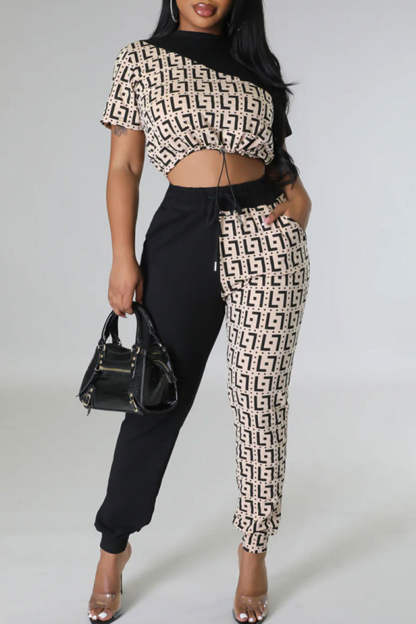 Coffee Casual Print Draw String Pocket Patchwork O Neck Short Sleeve Two Pieces
