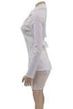 White Sexy Solid Color Hollow Out Patchwork See-Through Strap Design Turn-back Collar Long Sleeve Two Pieces