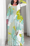 Light Blue Casual Floral Print Pocket Contrast O Neck Printed Plus Size Dresses