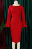 Black Elegant Solid Color Patchwork Slit Zipper O Neck Wrapped Skirt Plus Size Dresses