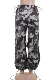 Grey Casual Camouflage Print Draw String Patchwork Loose Mid Waist Wide Leg Full Print Bottoms